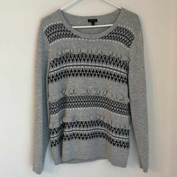 Talbots Women’s Fair Isle Lambs wool blend ruffle knit sweater gray black XL EUC - Picture 1 of 6